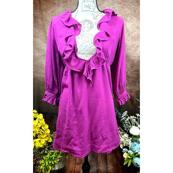 Free People Ruffled Collar 3/4 Sleeves Deep V Front Morning Light Mini Dress XS - Picture 2 of 13